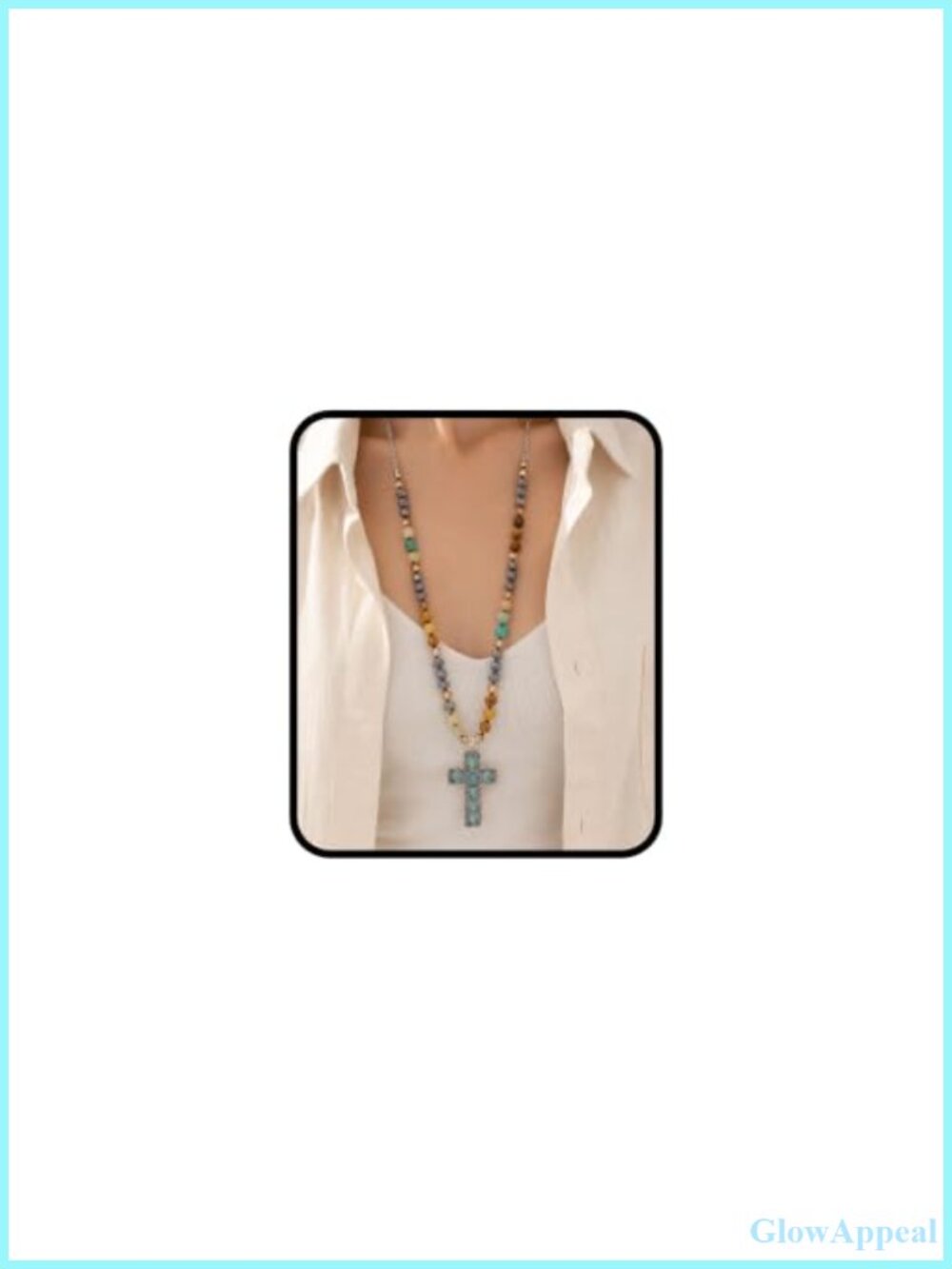 Western Turquoise Beaded Cross Necklace Boho Statement Pendant 29.5 in